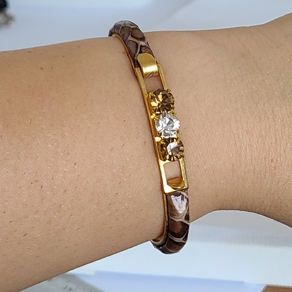 Vintage Peruzzi Florence Snakeskin Clear Brown Rhinestone Gold Bangle Bracelet - Picture 4 of 13